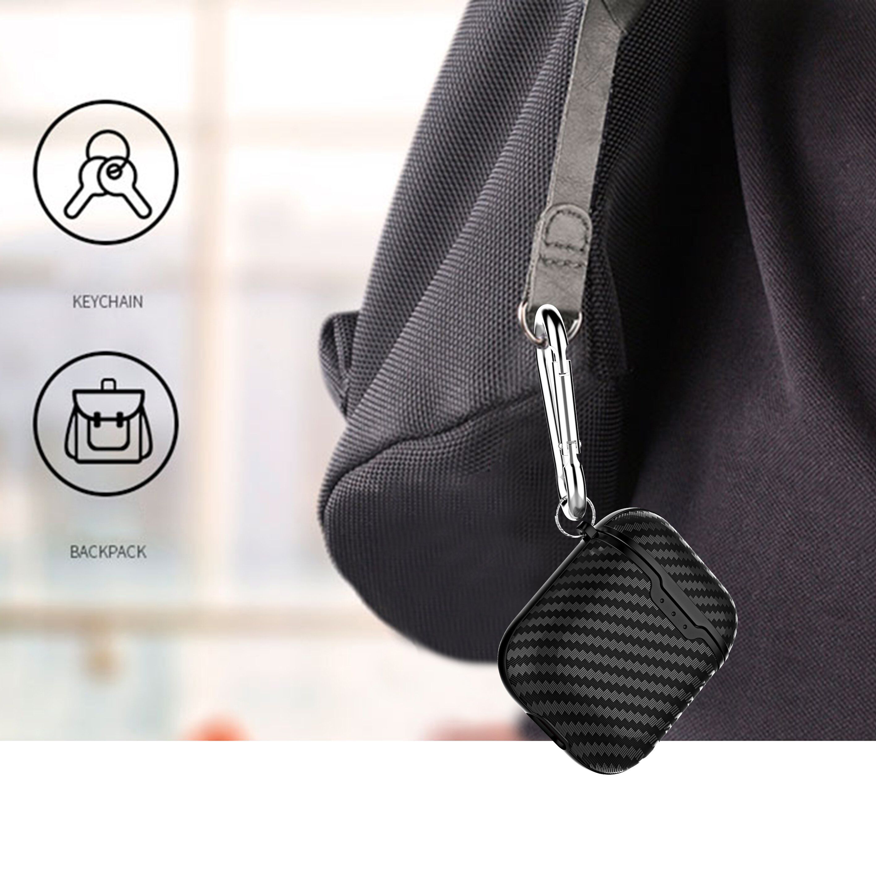 Чохол з карабіном з текстурою карбон волокна для AirPods 1 / 2 - чорний Чохол з карабіном з текстурою карбон волокна для AirPods 1 / 2 - чорний