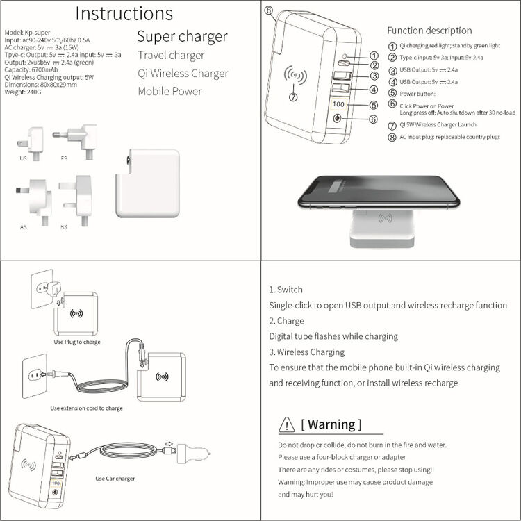 Зарядка / powerbank 6700mAh зі обмінними штекерами (AU / UK / US / EU) та бездротовою зарядкою Зарядка / powerbank 6700mAh зі обмінними штекерами (AU / UK / US / EU) та бездротовою зарядкою