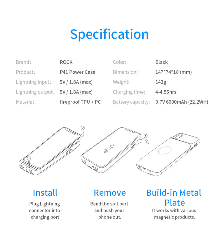 ROCK чохол з батерейкою 6000mAh для iPhone XS / iPhone X - чорний