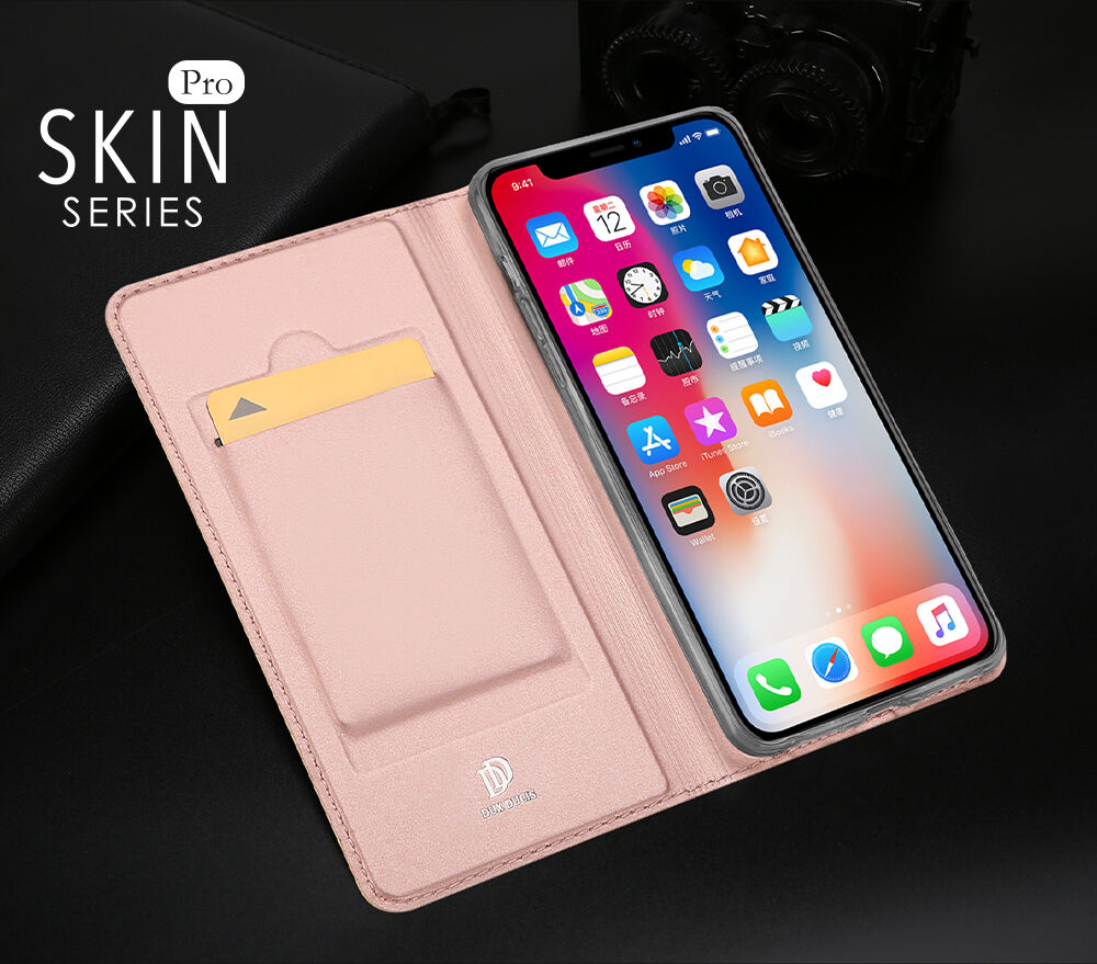 DUX DUCIS Чохол з підставкою та відсіками для документів та карток для Apple iPhone XS / iPhone X - рожево-золотий