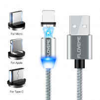 FLOVEME Round магнітний кабель USB-A / USB-C / Micro USB / Lightning для iPhone / iPad / iPod / AirPods - 1 m - срібна